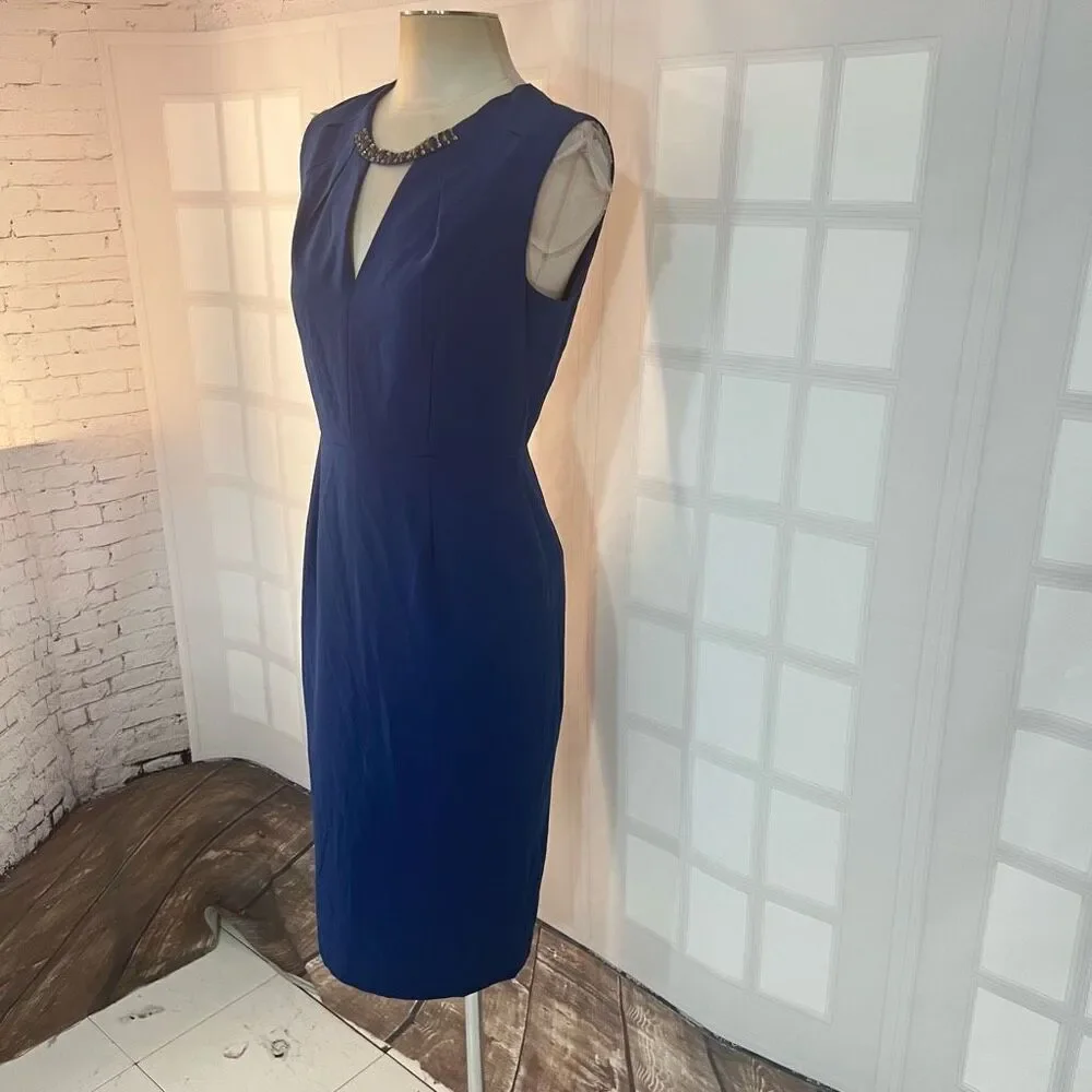 Bcbgmaxazria Samantha beaded neckline sheath dress in blue depth size 8
